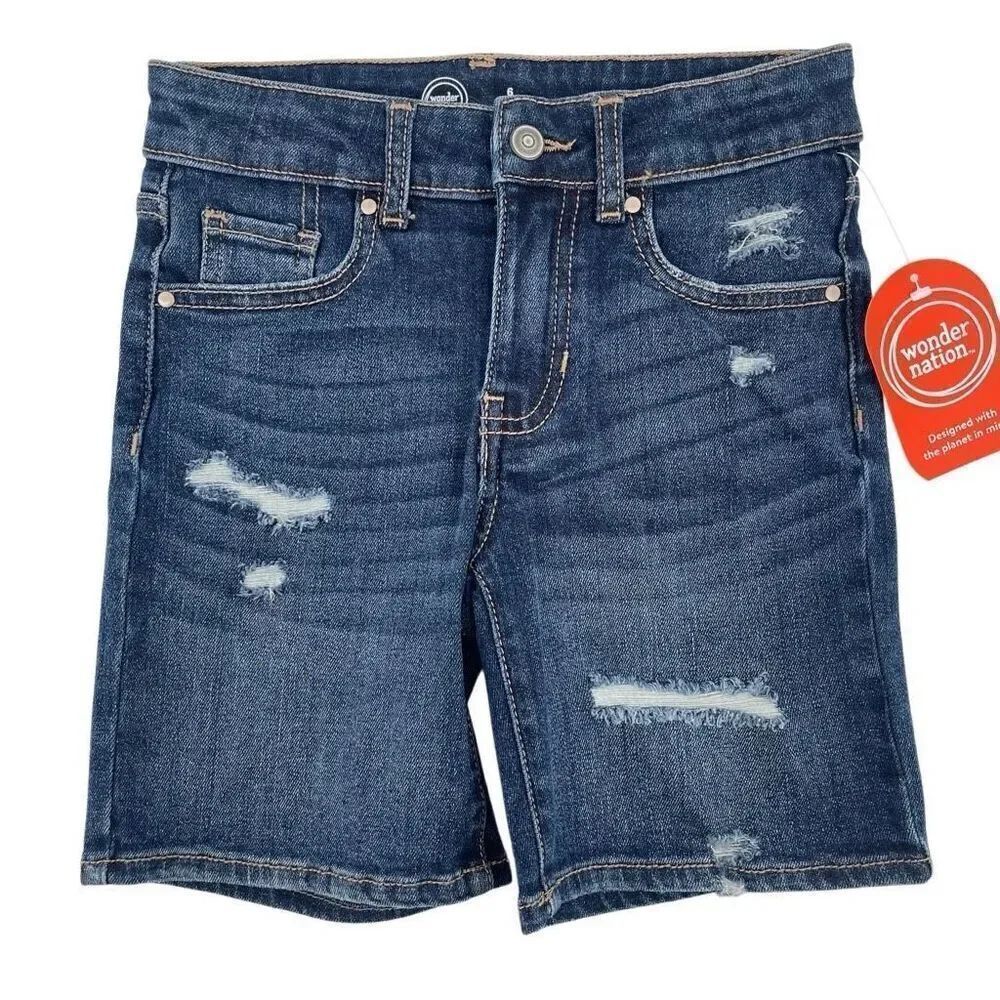Wonder Nation Girl’s Destructed Dark Enzyme Wash 6” Bermuda Denim Shorts Size 6